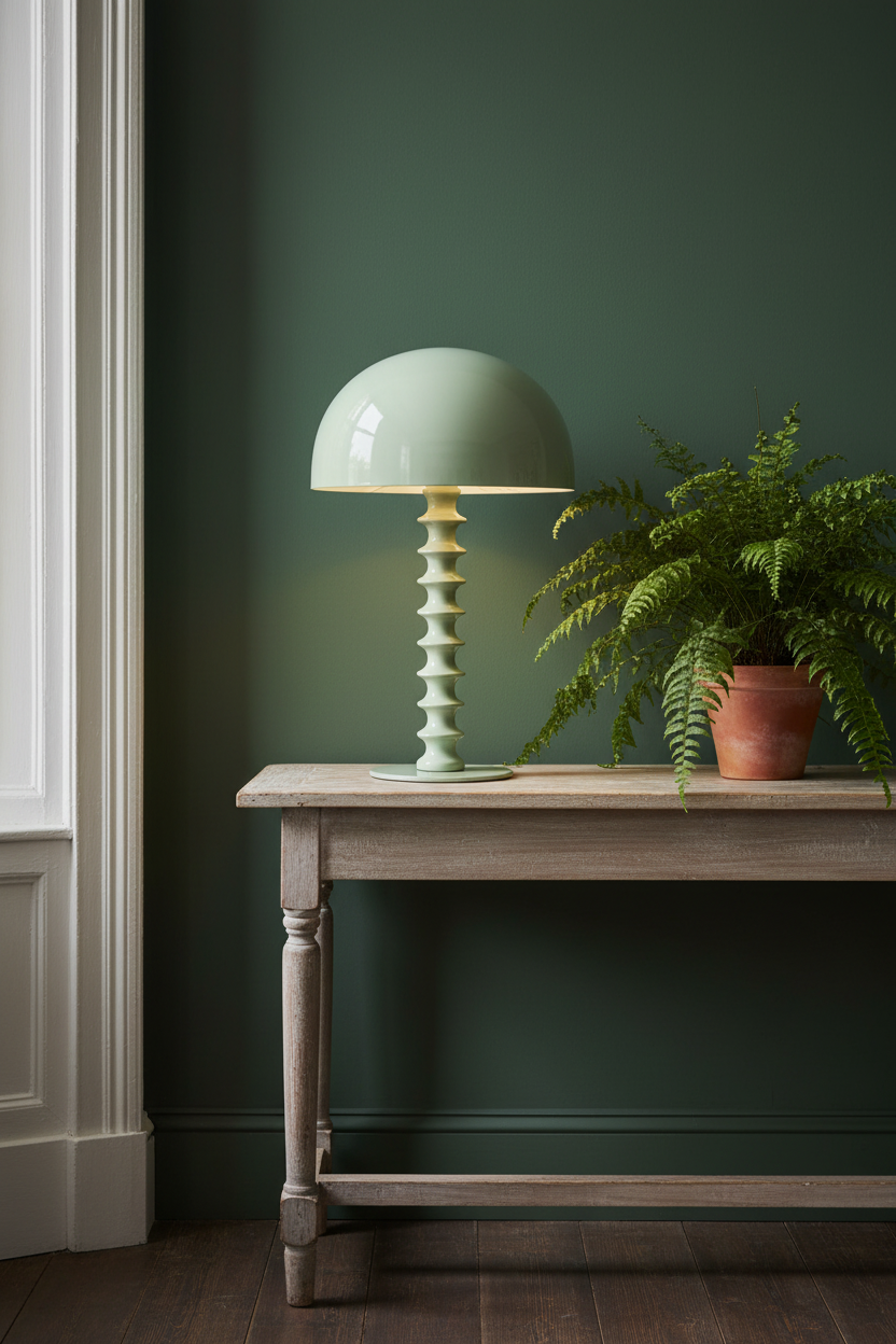 A light sage green table lamp with a sculptural, tiered spiral base sits on a rustic wooden console table next to a potted fern against a dark green wall.