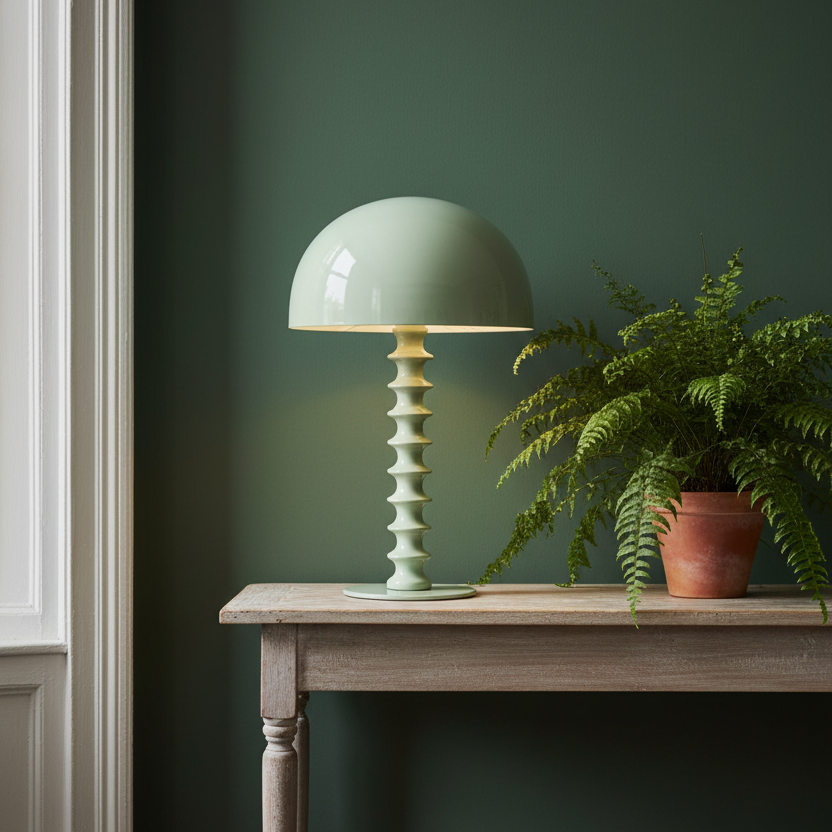 A mint green table lamp with a ribbed cylindrical base sits on a wooden console table next to a potted fern against a dark green wall.