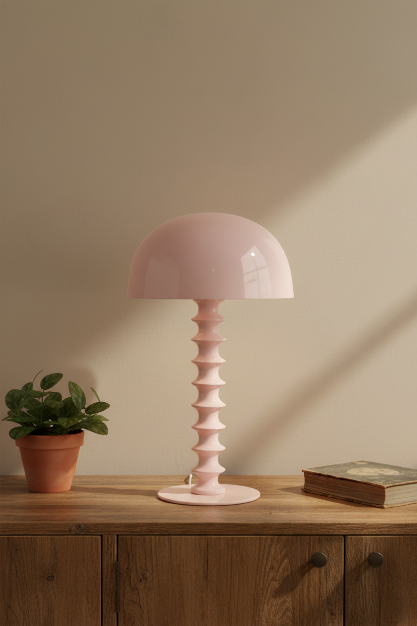 Pink table lamp on a wooden surface with a plant and book in the background