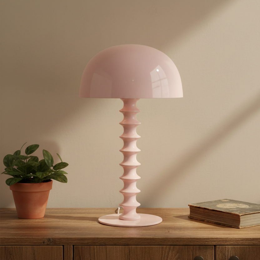 Pink table lamp on a wooden surface with a plant and book in the background