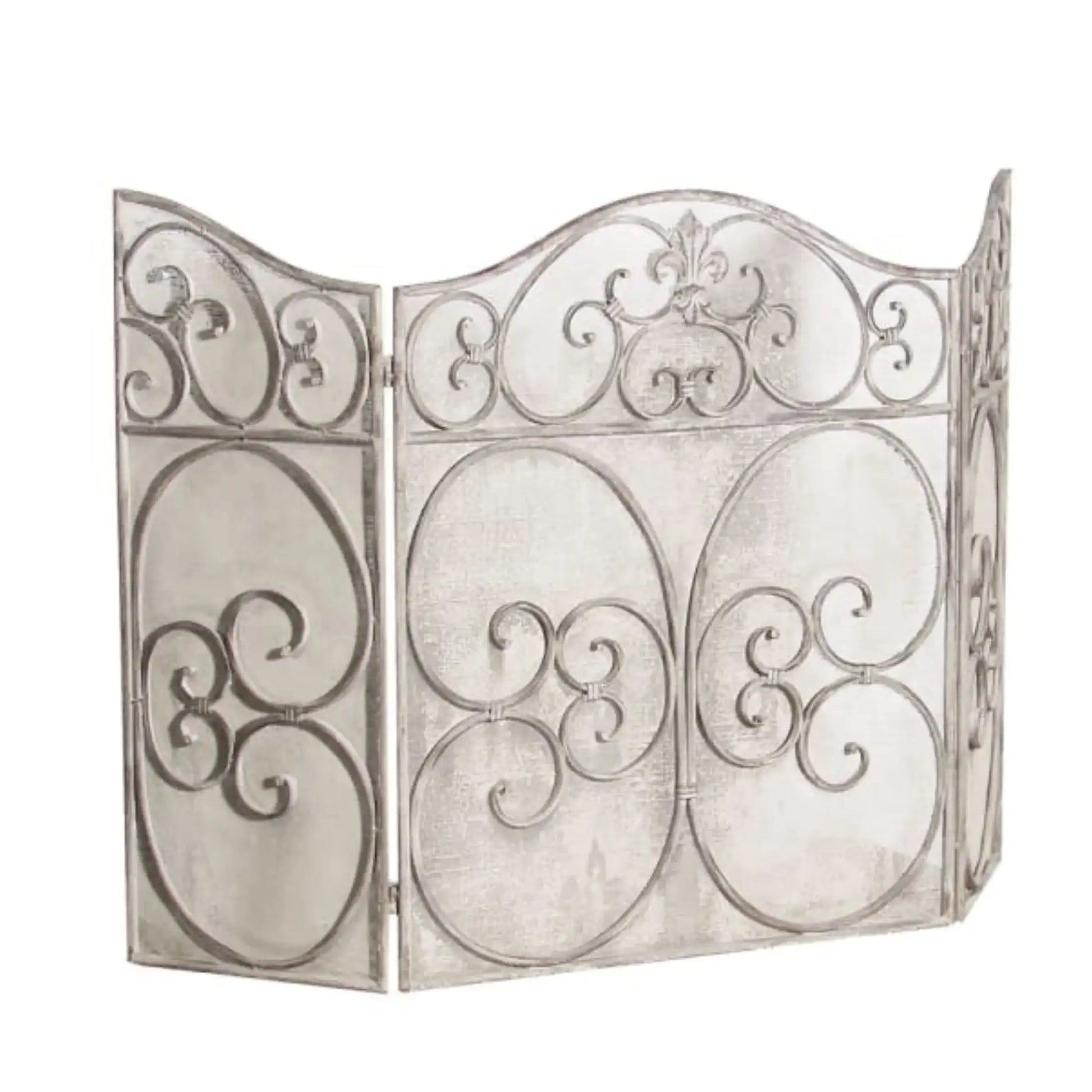Decorative metal screen with intricate designs on a white background