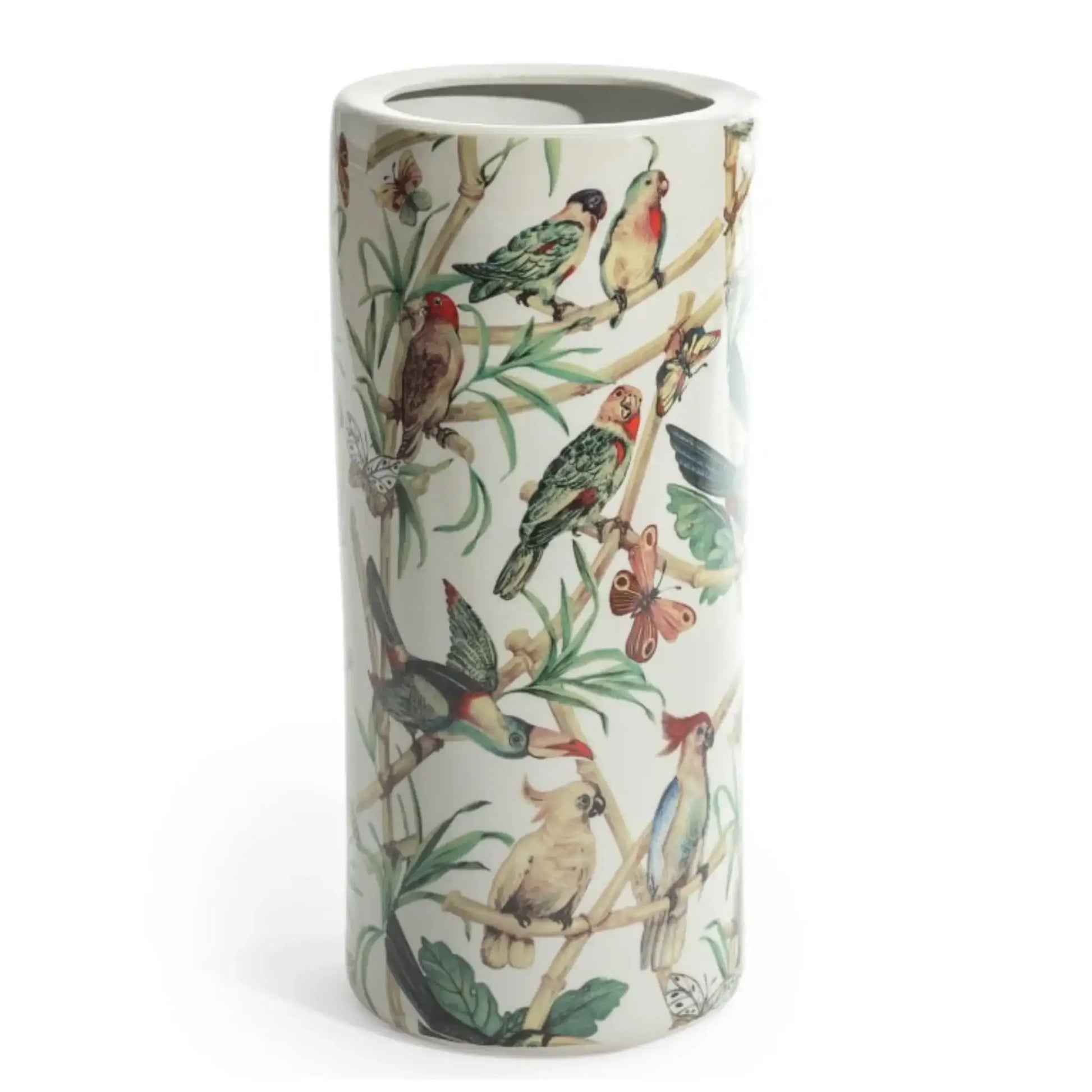 Umbrella stand with bird and nature pattern on a white background