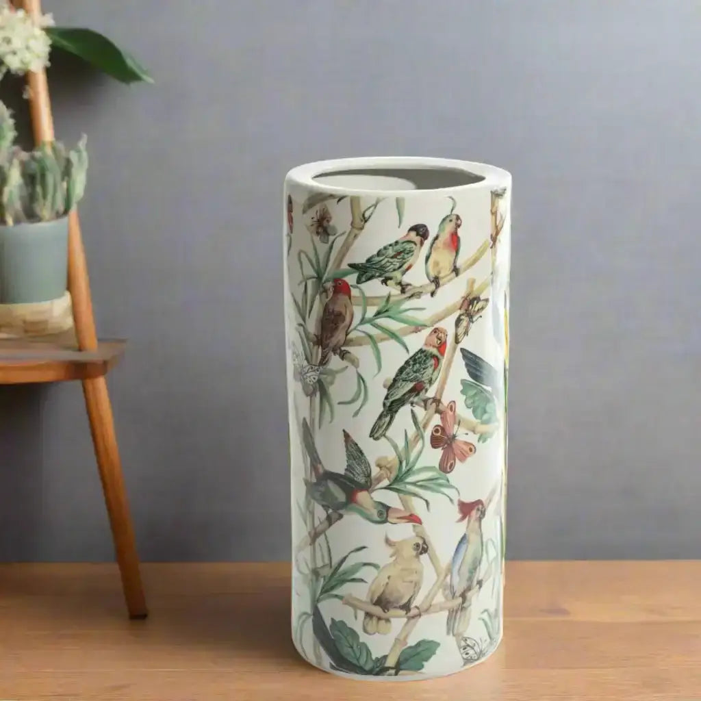 Tumbler with bird design on a white background