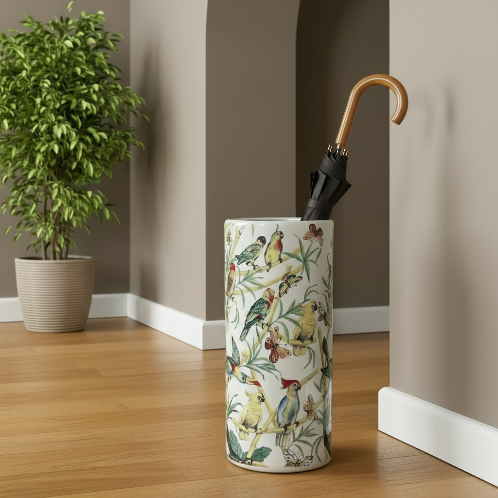 Umbrella stand with bird design next to a plant indoors