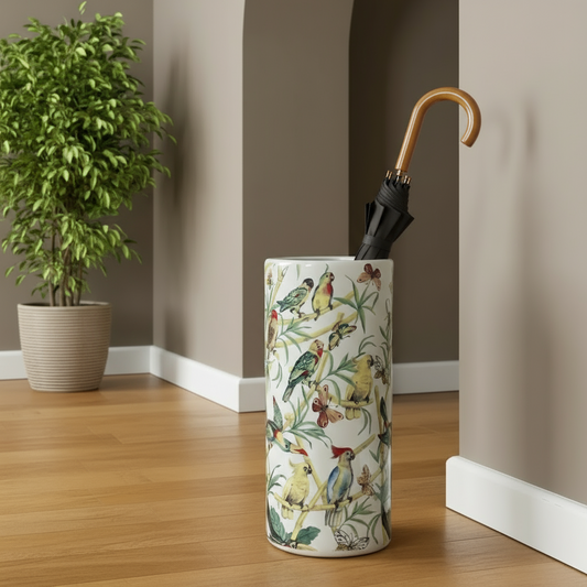 Umbrella stand with bird design next to a plant indoors