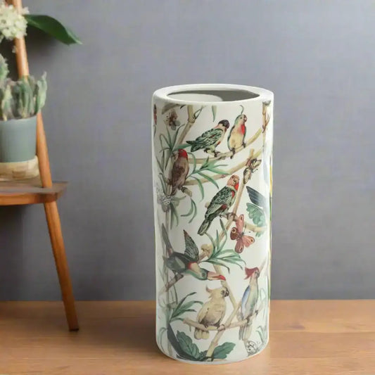 Tumbler with bird design on a white background