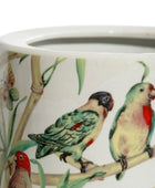 Ceramic mug with parrot design on a white background
