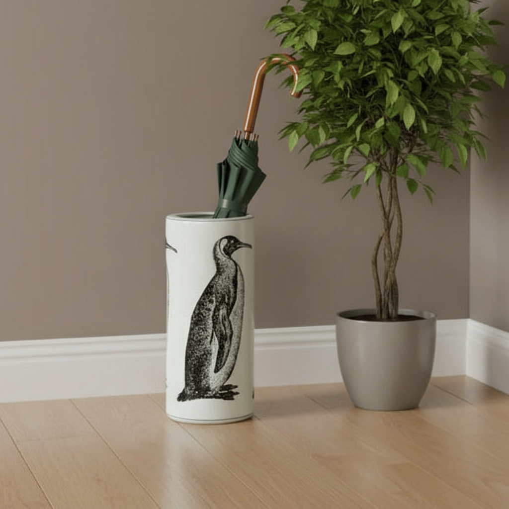 Umbrella stand with penguin design holding an umbrella next to a potted plant on a wooden floor.