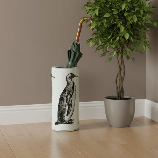 Umbrella stand with penguin design holding an umbrella next to a potted plant on a wooden floor.