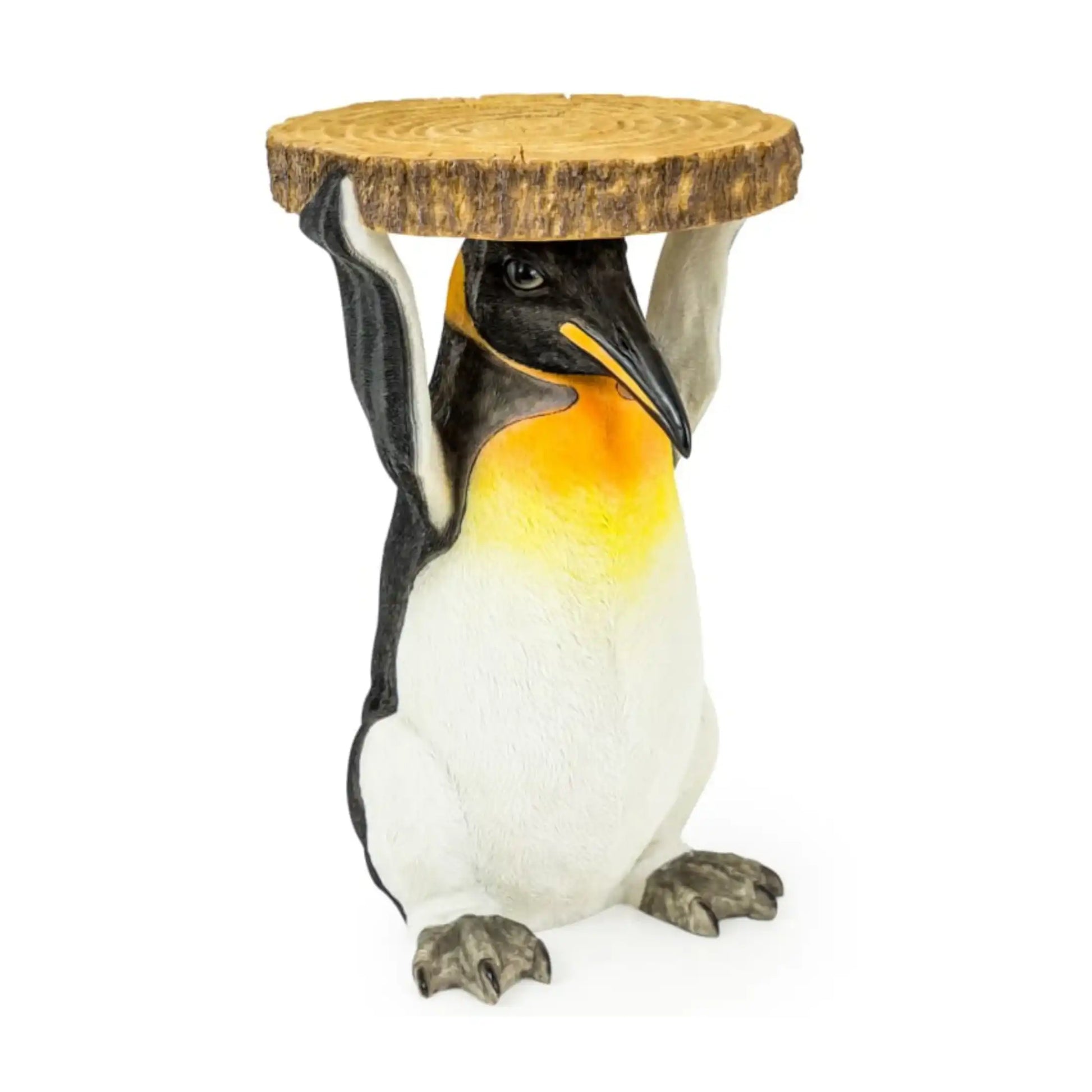 Penguin-shaped stool with a wooden top on a white background