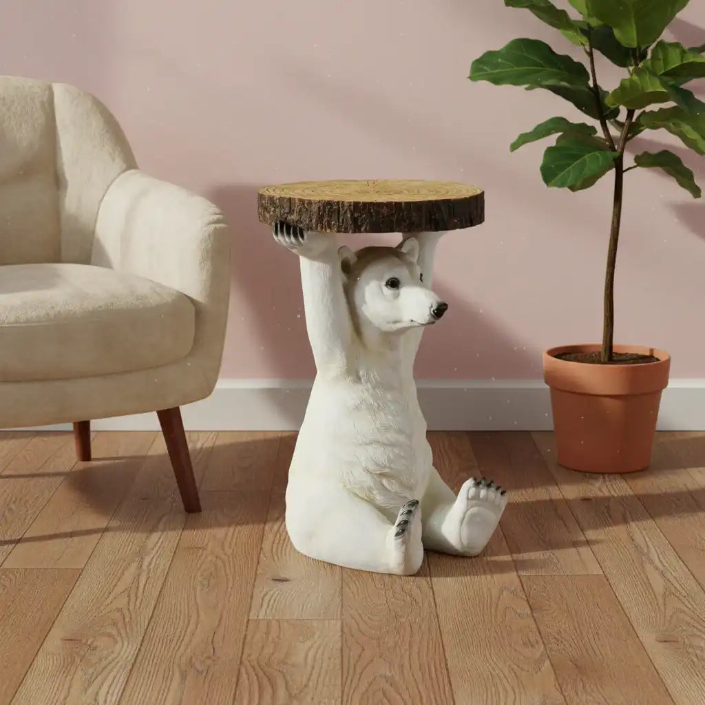 Decorative side table shaped like a bear holding a wooden platform in a room with a chair and plant.
