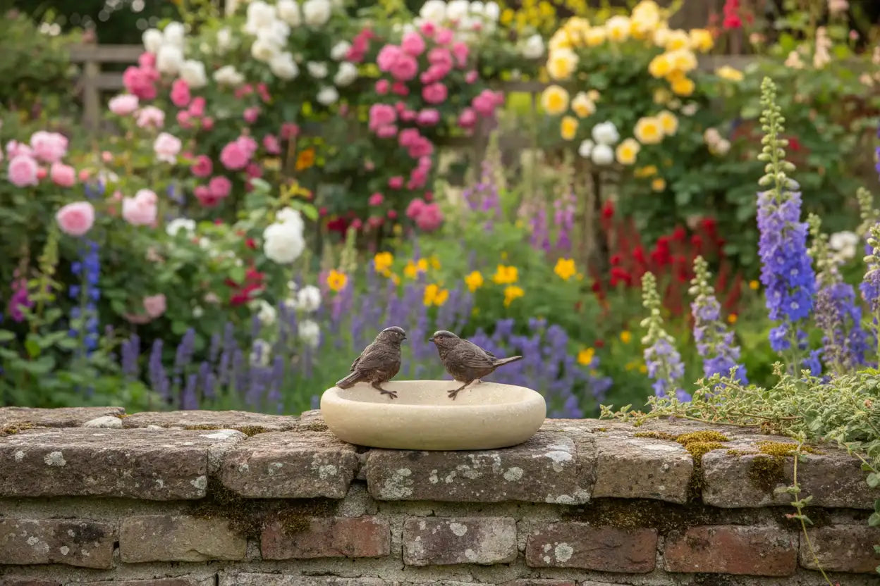 Two birds on a stone ledge with a colorful flower garden in the background