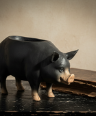 Black pig-shaped container on a dark surface with a textured beige background
