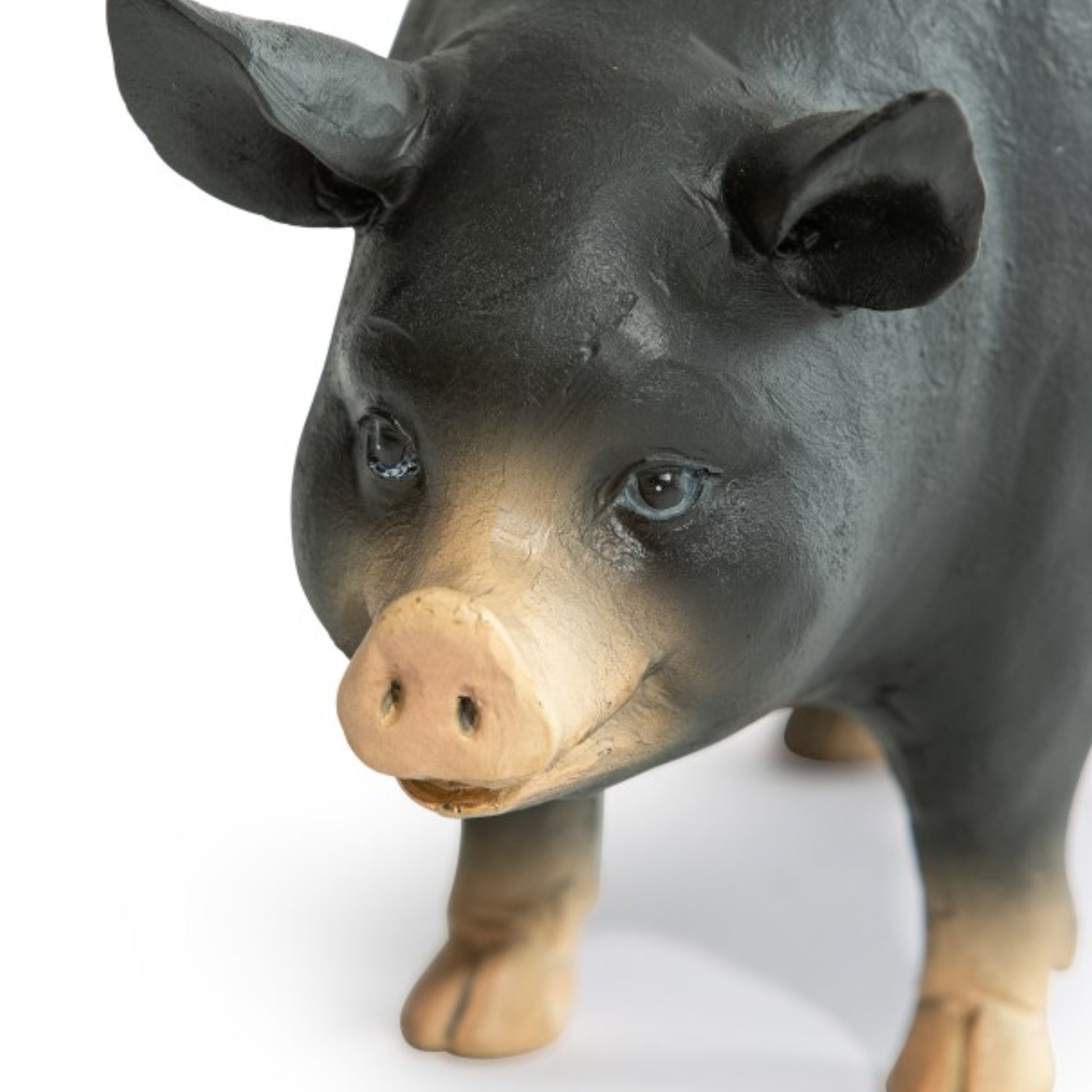 Statue of a pig with a detailed face on a white background