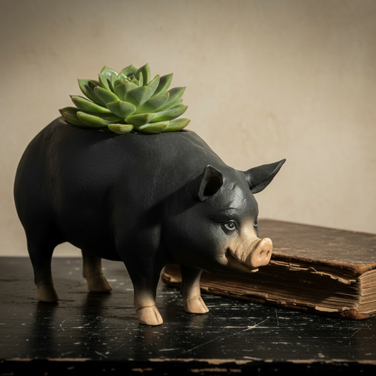 Black pig figurine with a succulent on its back next to an open book on a dark surface.