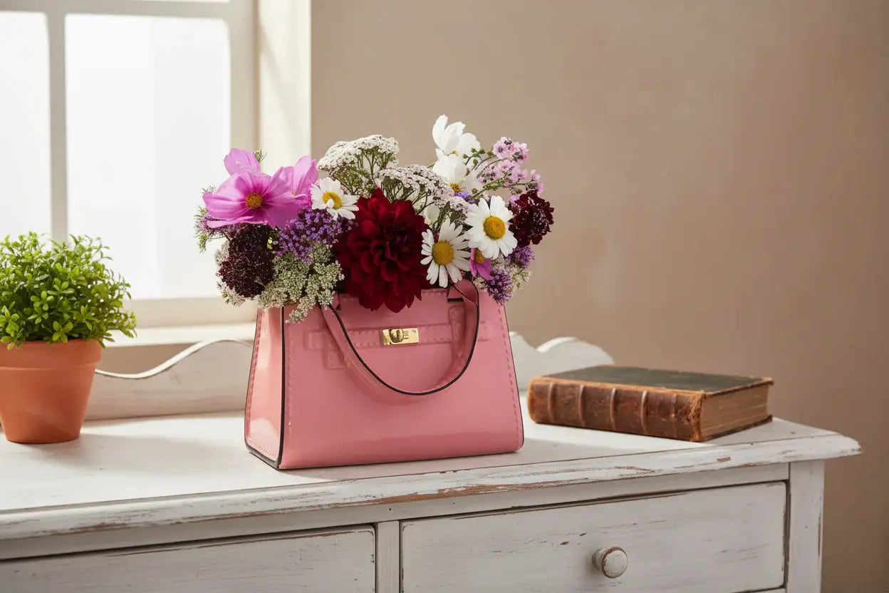 Pink handbag filled with flowers on a wooden surface with a window in the background