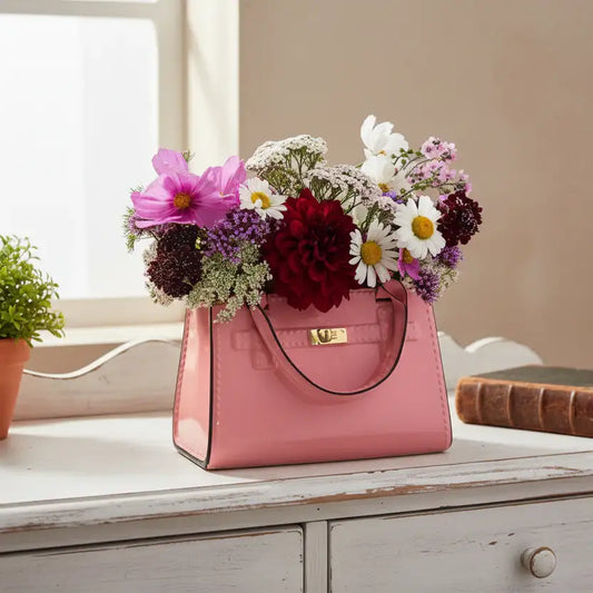 Pink handbag filled with flowers on a wooden surface