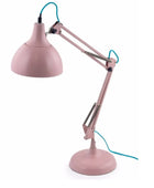 Pink desk lamp with a flexible arm on a white background