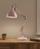 Pink desk lamp on a wooden surface with a plant and book in a room with a window.