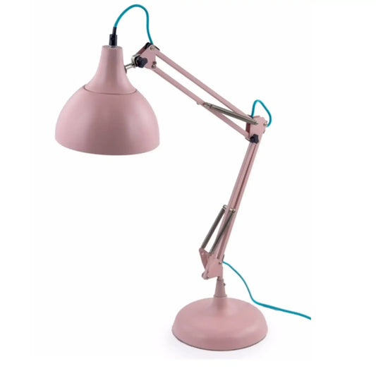 Pink desk lamp with a flexible arm on a white background