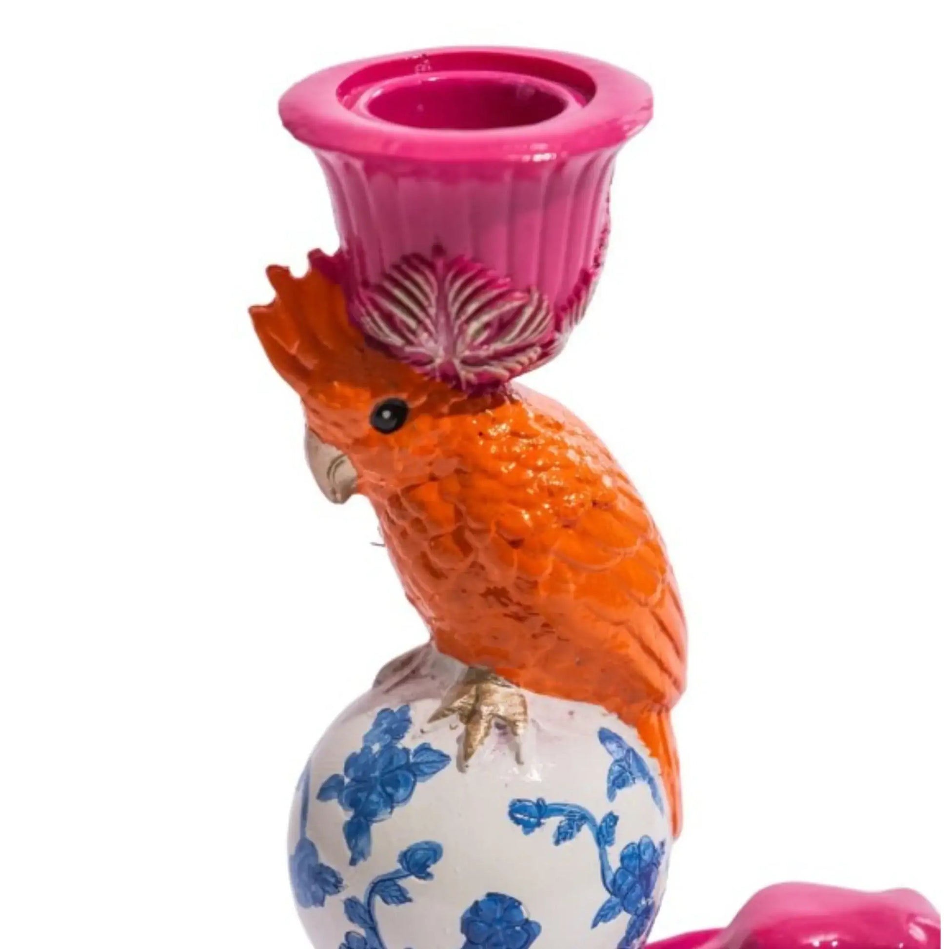Decorative candle holder shaped like a parrot with a pink top on a white background