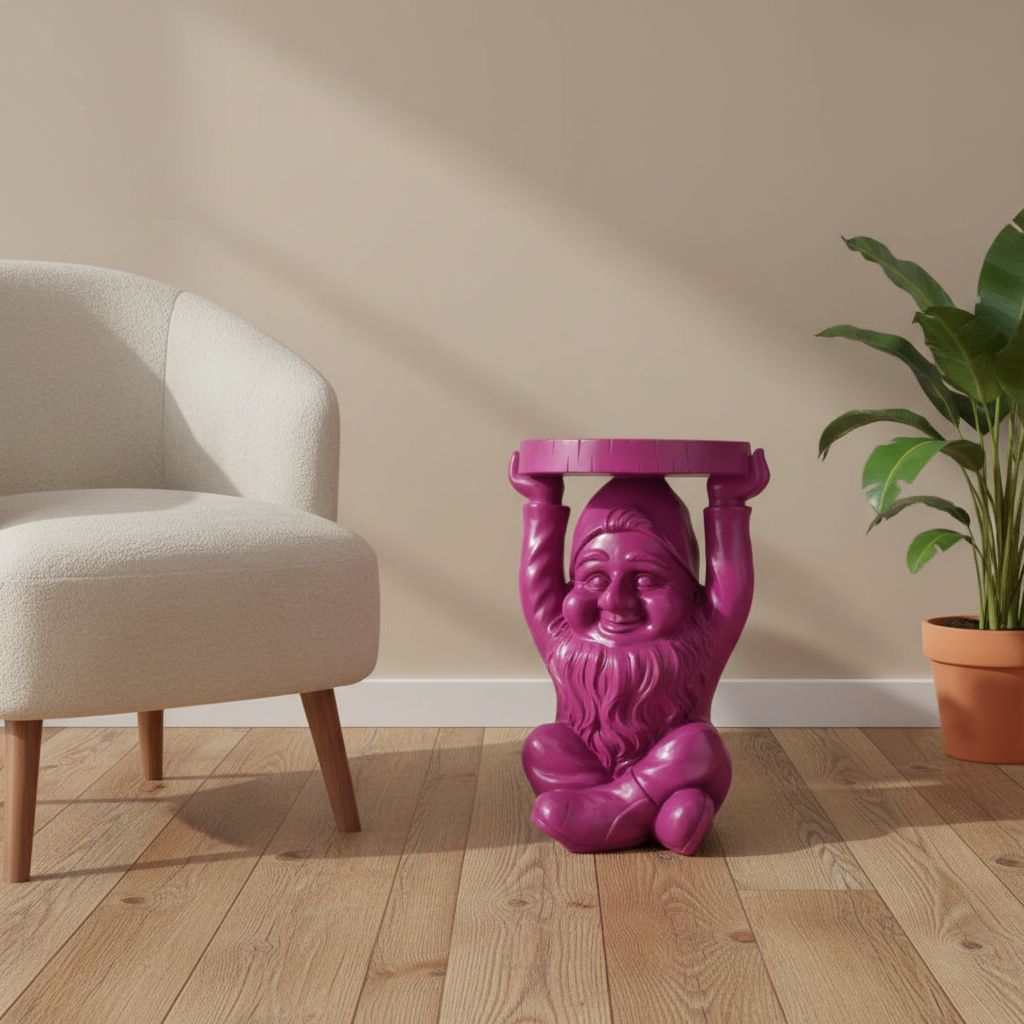 Purple gnome-shaped side table in a room with a beige chair and plant.