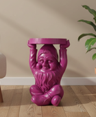 Purple gnome-shaped side table in a room with a plant and chair.