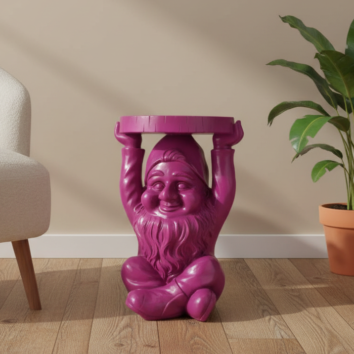 Purple gnome-shaped side table in a room with a plant and chair.