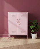 Pink metal locker against a maroon wall with a potted plant on a wooden floor.