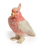 Pink and white parrot-shaped cookie jar on a white background