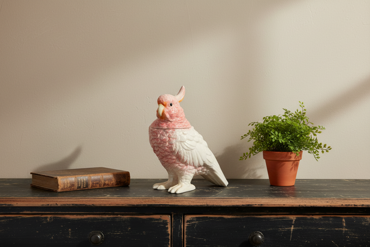 Decorative parrot figurine on a wooden surface with a plant and book in the background.