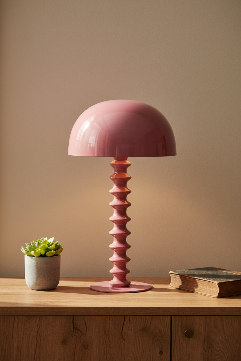 Pink table lamp on a wooden surface with a plant and book in the background