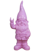 Pink garden gnome figurine on a white background