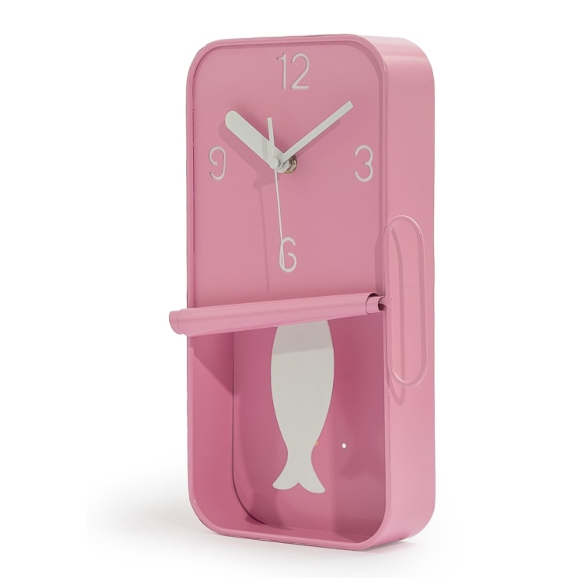Pink wall clock with fish design on a white background