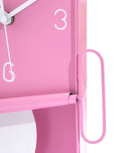 Close-up of a pink clock with a white face on a light pink background