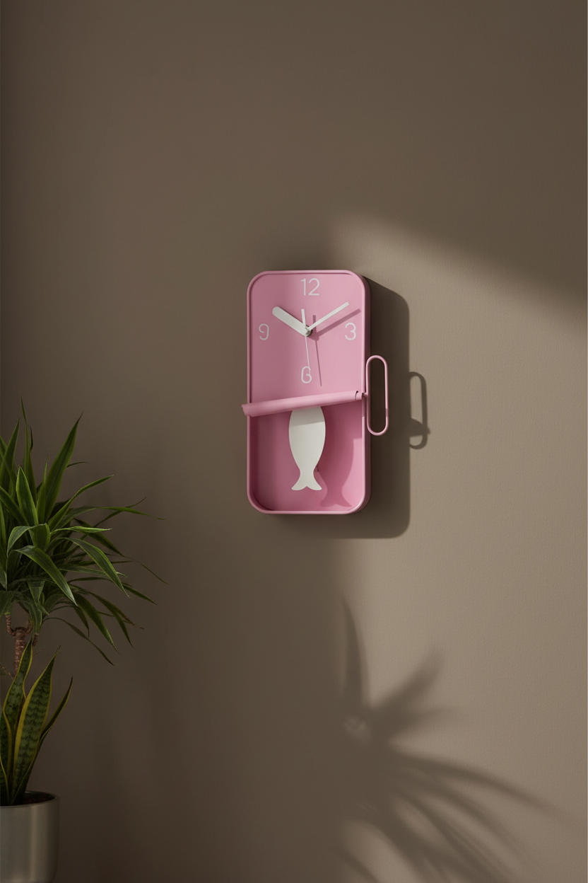 Pink wall clock with fish design on a brown wall