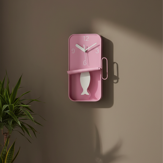 Pink wall clock with fish design on a brown wall