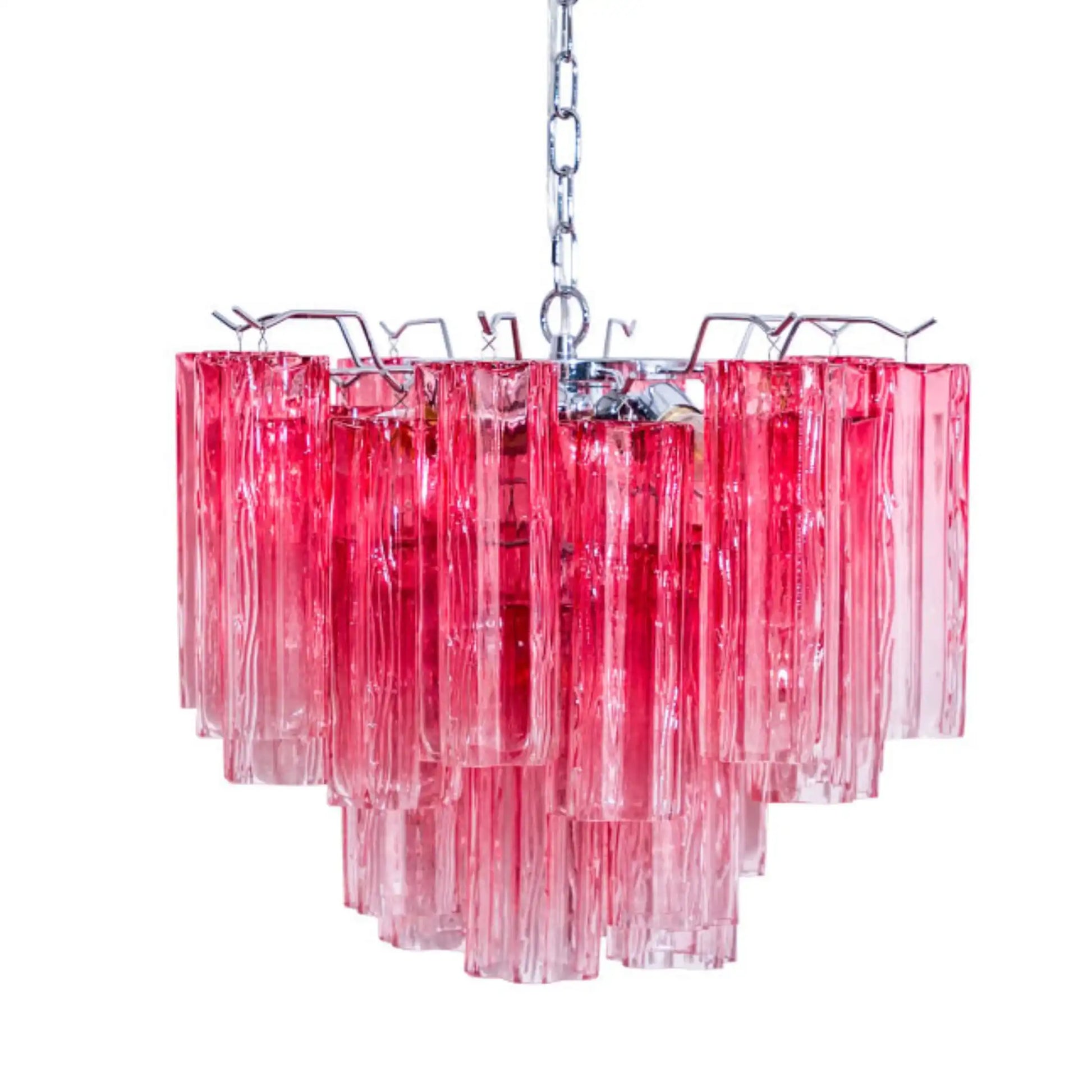 Pink chandelier with clear glass panels on a white background