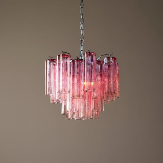 Pink and purple glass chandelier on a white background