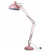 Pink floor lamp with adjustable arm on a white background