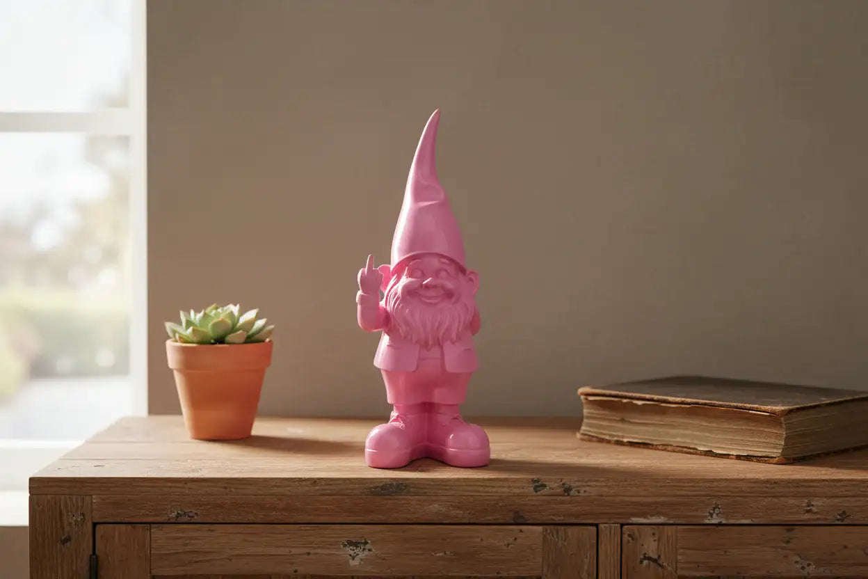 Pink gnome figurine on a wooden surface with a potted plant and book in the background.
