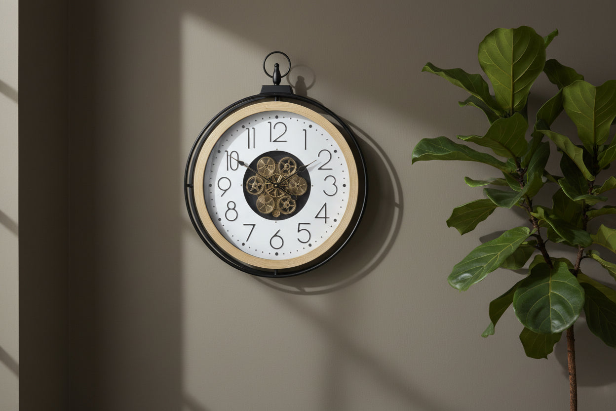 Decorative wall clock with intricate design on a beige wall next to a plant
