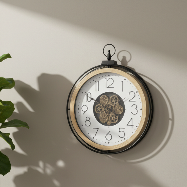 Decorative wall clock with gear design on a beige wall