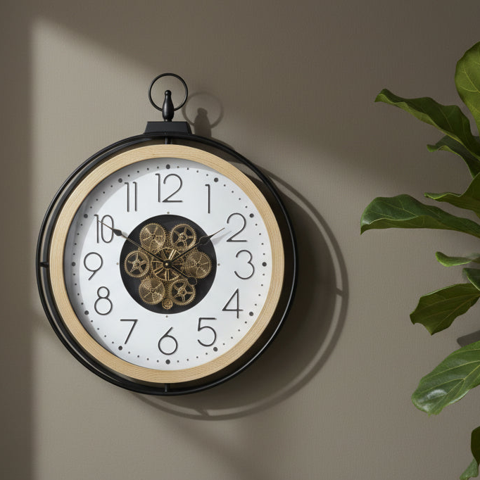 Decorative wall clock with gear detail on a beige wall, next to a plant.
