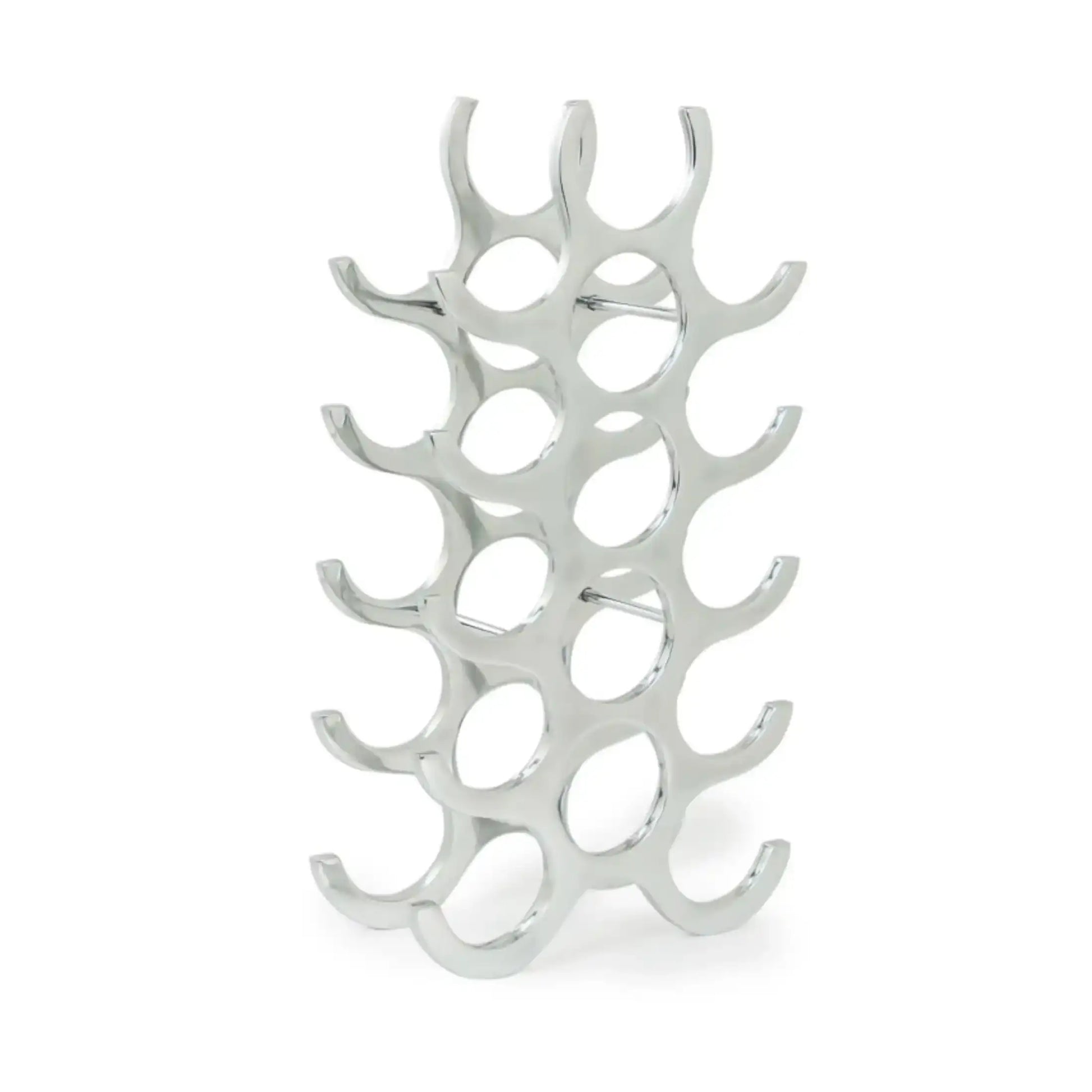 Silver wine rack with leaf-like design on a white background