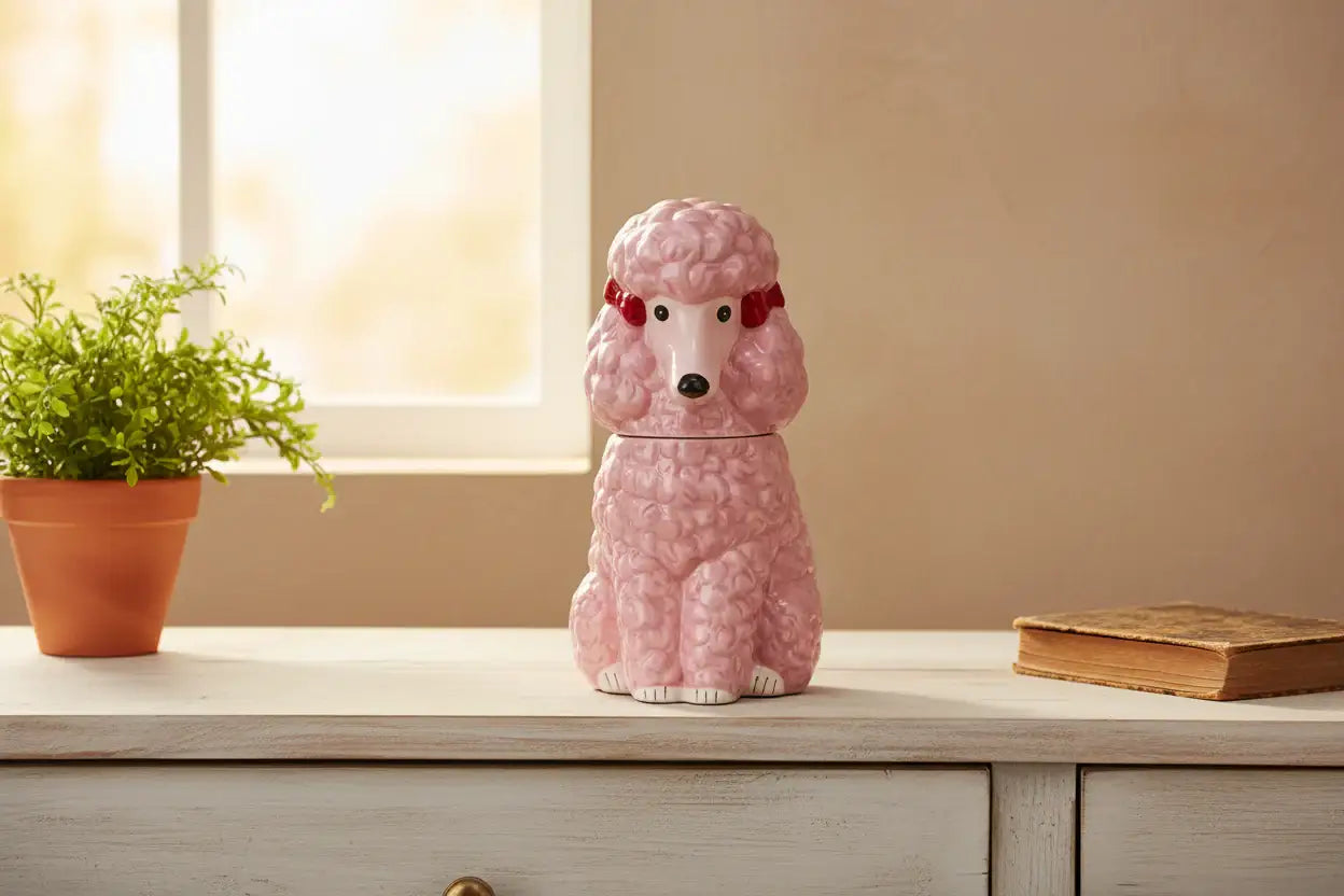 Pink poodle-shaped container on a wooden surface with a plant and book in the background.