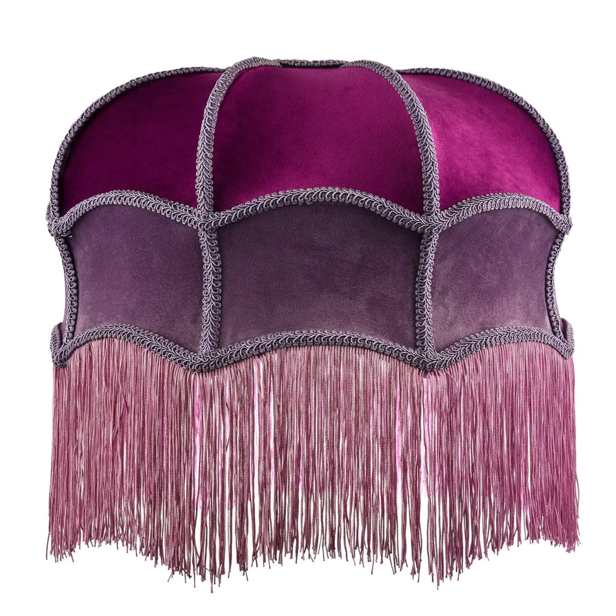 A vintage-style dome-shaped velvet headpiece or hat with a magenta top, purple panels, and a long fringed bottom, shown against a plain white background.