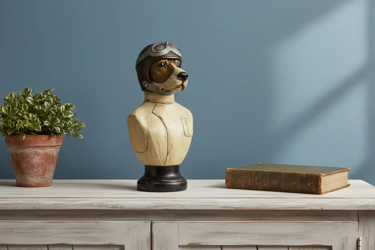 Decorative bust of a dog in a pilot helmet on a wooden surface with a plant and book in the background.