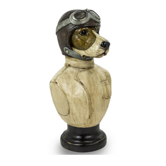 Decorative dog figurine wearing a vintage pilot helmet on a white background