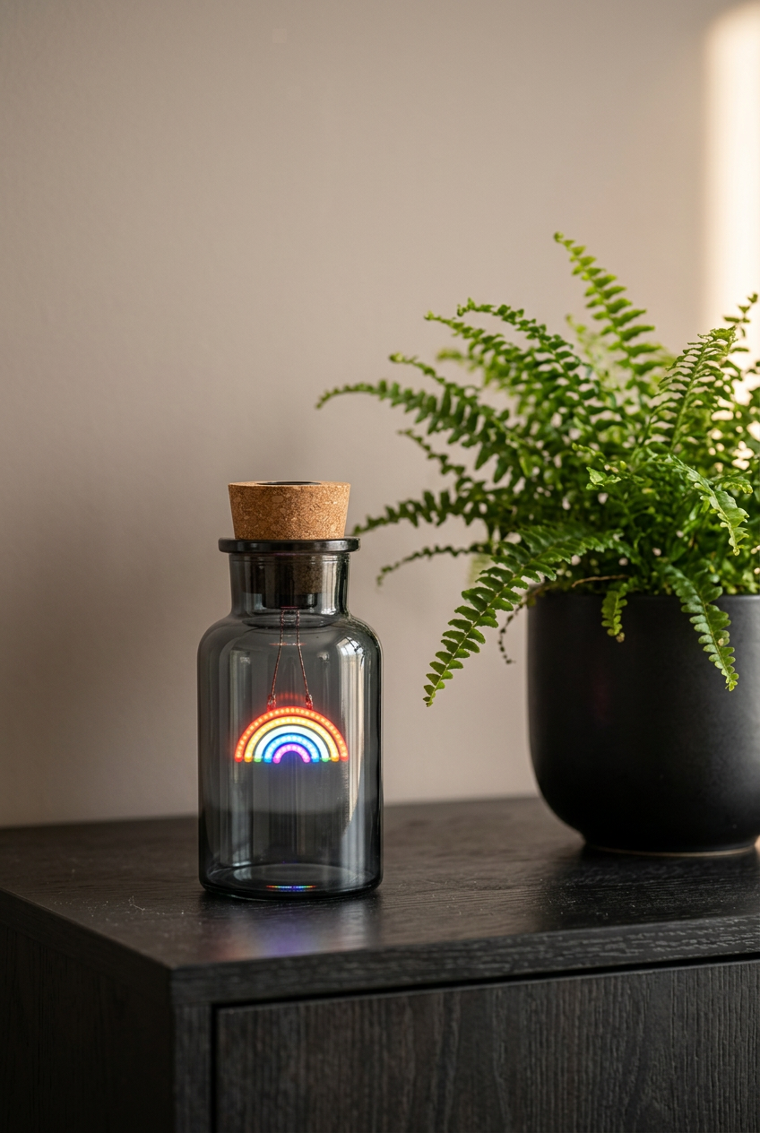 A dark gray glass bottle with a cork stopper and a glowing rainbow light inside, placed on a dark wooden surface next to a potted green fern against a beige wall.